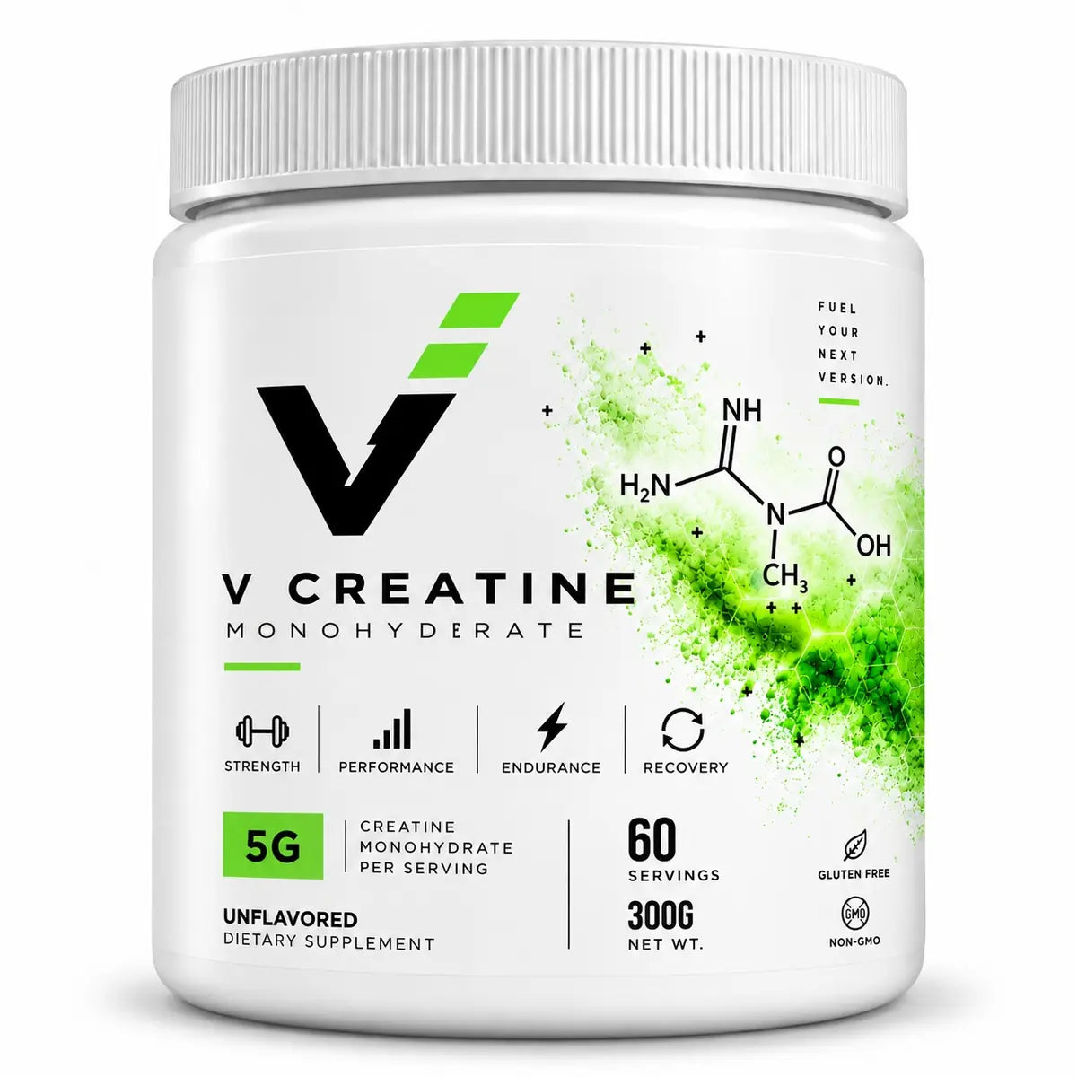 V Creatine Monohydrate unflavored powder 300g with 5g per serving and 60 servings